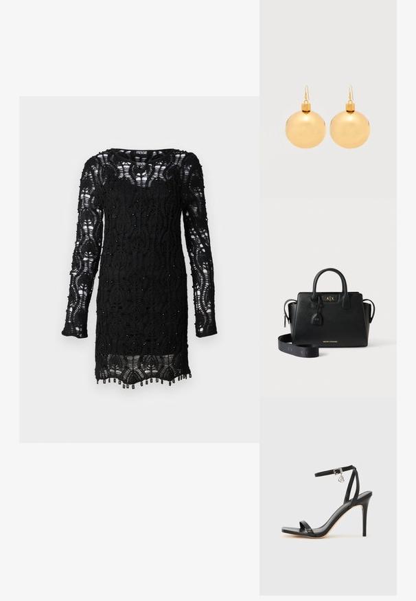 Robe noire en dentelle avec manches longues, présentant un motif floral, des accents perlés et un ourlet à franges. Texture semi-transparente.; Sandale à talon haut noire avec une bride étroite à la cheville, bout carré, cuir lisse et accent de boucle métallique.; Sac à main en cuir noir Armani Exchange avec deux poignées, une bandoulière amovible et des détails dorés du logo à l'avant et sur l'étiquette.; Paire de boucles d'oreilles boule de Noël dorées brillantes avec fermoirs à crochet sur fond blanc uni.