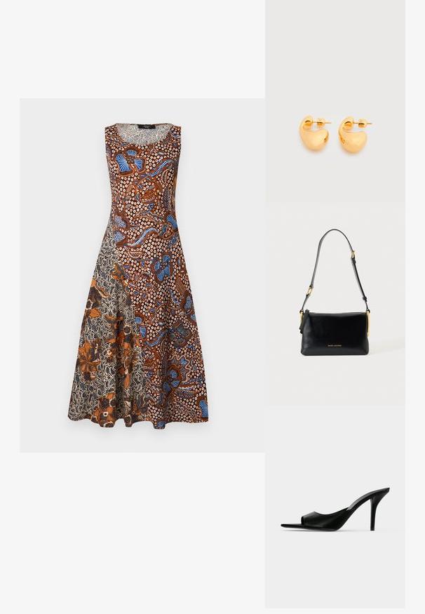 Robe sans manches en ligne A avec motifs floraux et abstraits mélangés dans des tons marron, bleu, blanc et noir.; Mule à talon haut en cuir noir à bout ouvert avec un talon stiletto fin, vue de profil sur un fond uni.; Sac d'épaule en cuir noir avec sangle réglable et quincaillerie dorée, avec petit logo doré "Marc Jacobs" au centre avant.; Paire de petites boucles d'oreilles clous épaisses en métal doré avec des formes lisses, courbes et abstraites sur un fond clair.