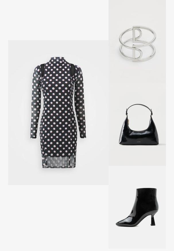 Robe noire à manches longues avec des pois blancs et rouges, col haut, épaules dégagées et une texture légèrement transparente.; Bottine noire en cuir verni brillant avec bout pointu et talon mi-haut évasé sur fond blanc.; Sac à main Calvin Klein noir brillant avec fermeture éclair dorée et anse courte sur fond blanc uni.; Bracelet en métal argenté avec un design à double boucle, fini lisse et brillant, et un accent géométrique minimaliste.
