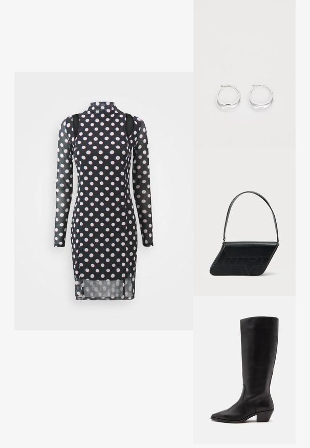 Robe noire à manches longues avec des pois blancs et rouges, col haut, épaules dégagées et une texture légèrement transparente.; Botte en cuir noire mi-mollet avec un bout pointu et un talon bas incliné sur un fond clair uni.; Sac d'épaule en cuir noir de forme triangulaire, avec un logo embossé et une seule bandoulière réglable. Design minimaliste avec une texture lisse.; Boucles d'oreilles en argent avec une finition polie et un branding DKNY, présentées sur un fond blanc uni.