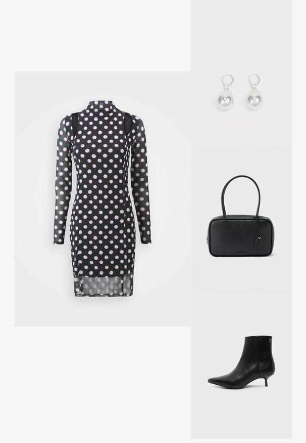 Robe noire à manches longues avec des pois blancs et rouges, col haut, épaules dégagées et une texture légèrement transparente.; Bottine en cuir noir avec bout pointu et petit talon kitten sur fond clair, vue côté extérieur.; Sac à main rectangulaire noir avec doubles poignées arrondies, fermeture éclair dorée et logo "HUGO" embossé sur le devant avec une étiquette en cuir attachée.; Boucles d'oreilles en argent en forme de goutte avec des surfaces lisses, rondes et réfléchissantes, suspendues à des fermoirs à ressort. L'arrière-plan est blanc uni.