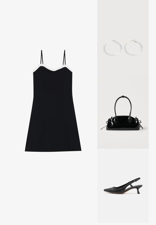 Robe noire avec des fines bretelles, corsage ajusté et ourlet évasé. Bordure froncée blanche le long de l'encolure. Tissu lisse et léger.; Chaussure slingback en cuir noir avec un bout pointu, un petit talon bloc, des découpes sur les côtés et une bride à la cheville ajustable. Texture lisse sur toute la chaussure.; Petit sac à main noir brillant avec deux longues anses et des détails à cordon sur les côtés sur un fond clair uni.; Paire de boucles d'oreilles créoles argentées brillantes avec fermoirs en fil fin, présentée sur un fond gris clair.