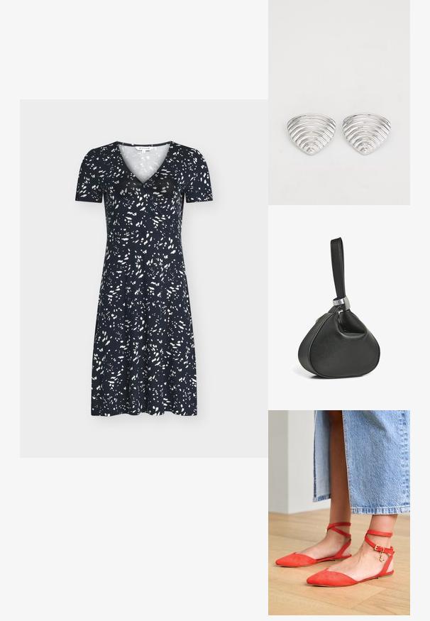 Robe bleu marine mi-longue aux genoux, manches courtes, avec un motif abstrait de points blancs, dotée d'un col en V et d'une taille cintrée.; Ballerines en daim rouge à bout pointu et bandes de cheville, ornées d'une boucle en or et d'un charm en forme de croissant de lune, sur un sol en bois.; Sac bracelet en cuir noir avec une forme triangulaire douce et une large sangle attachée par une boucle en métal argenté.; Boucles d'oreilles en argent avec un design ondulé et texturé, en forme de croissants superposés ; la finition polie accentue les qualités réfléchissantes.