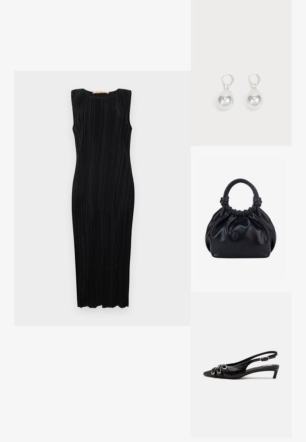 Zwart mouwloos midi-jurk met verticale plooien, ronde halslijn en een getailleerd silhouet. Soepele textuur en rechte zoom.; Zwarte leren slingback schoen met puntige neus, drie zilveren gespen aan de voorkant en lage kittenhak op witte achtergrond.; Zwarte zachte leren handtas met geplooide bovenkant en twee dikke handvatten die in knopen zijn gestrikt tegen een effen lichte achtergrond.; Zilveren druppeloorbellen met gladde, ronde, reflecterende oppervlakken die hangen aan klapring-sluitingen. Achtergrond is puur wit.