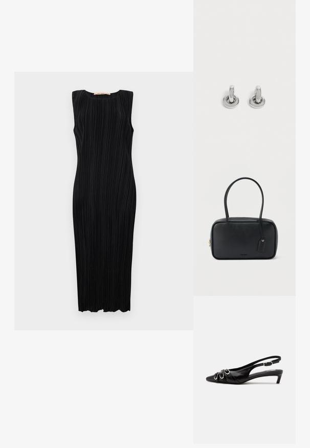 Must räntvälja musta ilma varrukateta midi kleit, millel on vertikaalsed voldid, ümmargune kaelus ja liibuv siluett. Sile tekstuur ja sirge äär.; Mustast nahast slingback-kinga terava varbaosaga, ees kolm hõbedast pandlat ja madal kitkandi konts valgel taustal.; Must ristkülikukujuline käekott, millel on kaks ümardatud sangad, kuldne tõmblukk ja esiküljel reljeefne "HUGO" logo koos kinnitatud nahkmärgiga.; Väike paar sädelevaid hõbedasi rõngaskõrvarõngaid ümmarguse alusega, esitatud lihtsal heledal taustal.