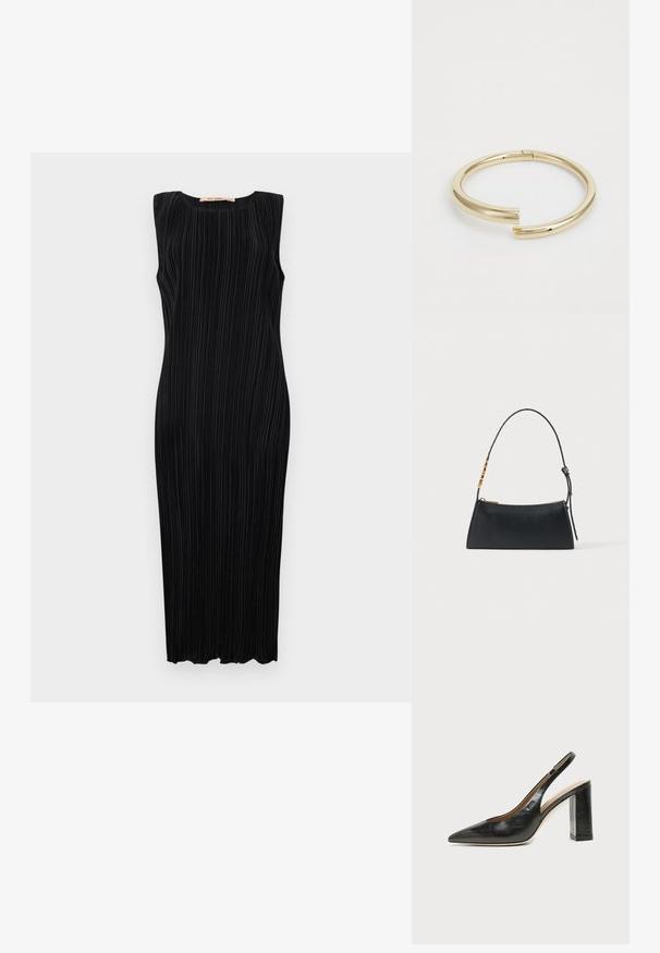 Zwart mouwloos midi-jurk met verticale plooien, ronde halslijn en een getailleerd silhouet. Soepele textuur en rechte zoom.; Zwarte leren slingback schoen met spits toelopend neusje, hoge blokhak en beige binnenvoering tegen een effen lichte achtergrond.; Zwarte leren handtas met een gouden ritssluiting en verstelbare band met gouden rechthoekige details op een witte achtergrond.; Calvin Klein SPIRAL - Armband - gold-coloured