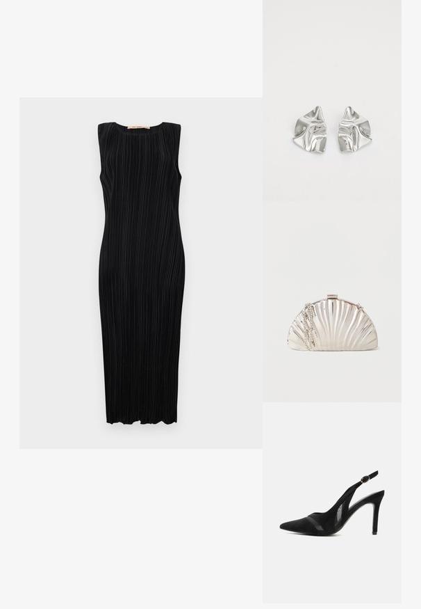 Zwart mouwloos midi-jurk met verticale plooien, ronde halslijn en een getailleerd silhouet. Soepele textuur en rechte zoom.; Zwarte suède slingback pump met puntige neus, mesh accenten, een dunne hoge hak en een gouden gespsluiting tegen een effen achtergrond.; Metalen zilveren clutch in de vorm van een schelp met een zilveren kettingriem losjes aan de zijkant gehangen.; Zilveren metalen oorbellen met een golvend, sculpturaal ontwerp, voorzien van een gepolijste afwerking en onregelmatige vormen, die een hedendaagse esthetiek benadrukken.