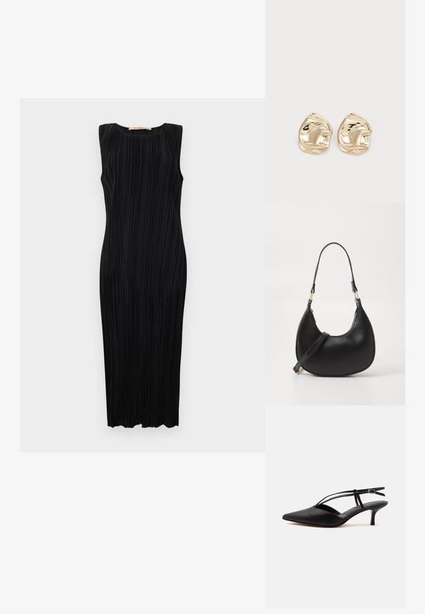 Sort ærmeløs midi-kjole med lodrette plisseringer, rund halsudskæring og tætsiddende silhuet. Glat tekstur og lige kant.; Sort læder spids tå kitten heel med tynd ankelrem og spænde, slingback design, på en ensfarvet lys baggrund.; Sort læder håndtaske med en buet form, udstyret med en top-lynlås, et kort håndtag og en aftagelig crossbody-strop. Gyldne hardware-accenter.; Guldtonede metalstudøreringe med et uregelmæssigt, glat design og en reflekterende overflade samt bølgede kanter. Ingen yderligere udsmykninger.