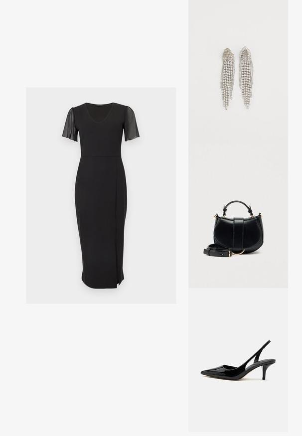 Robe midi noire avec col en V, taille cintrée, manches courtes flottantes en tissu transparent, avec une légère fente à l'avant de la jupe.; Chaussure slingback en cuir verni noir avec talon kitten, bout pointu et talon bas et fin sur fond blanc.; Sac à main en cuir noir à silhouette courbée, accents dorés et bandoulière amovible. Il comporte une poignée supérieure et des détails de couture verticale.; Boucles d'oreilles en argent présentant un design en cascade avec plusieurs rangées de strass scintillants, des pointes effilées et de délicates nuances de chaîne.