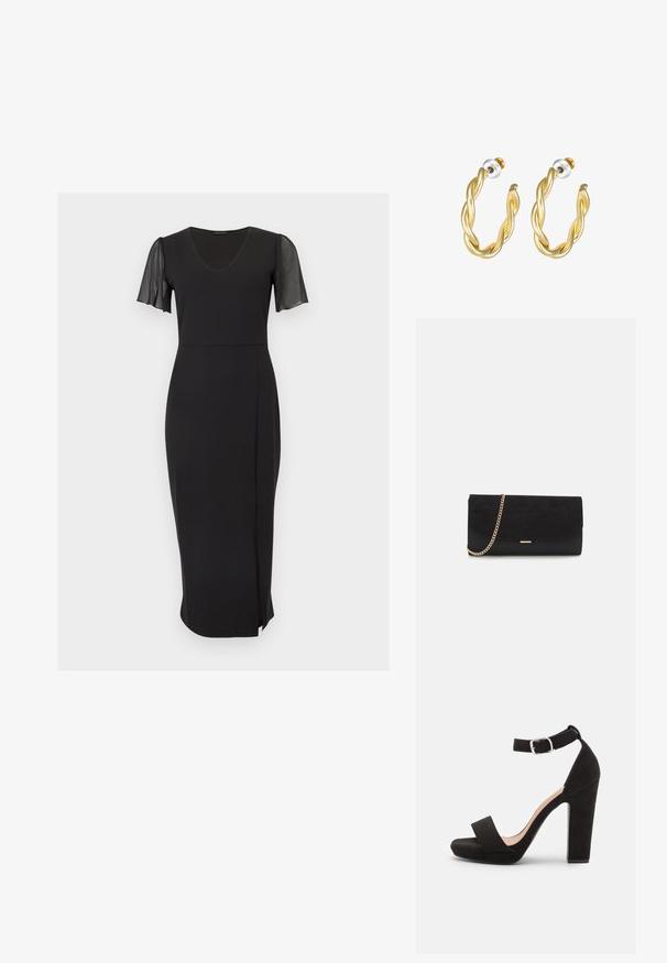 Robe midi noire avec col en V, taille cintrée, manches courtes flottantes en tissu transparent, avec une légère fente à l'avant de la jupe.; Anna Field by Zalando Sandales - black; Porte-monnaie noir en daim avec une finition texturée, doté d'une chaîne dorée et d'un design épuré et angulaire.; Boucles d'oreilles créoles dorées torsadées avec une surface lisse, présentant un dos transparent et une quincaillerie dorée.