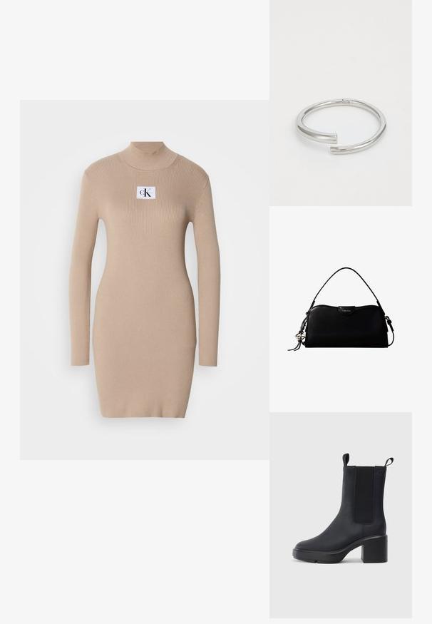 Robe tricotée beige avec un col montant, des manches longues, une texture côtelée et un patch logo carré sur la poitrine. Design ajusté, longueur genoux.; Bottines noires avec un matériau en caoutchouc lisse, des panneaux latéraux élastiques, un talon carré et des tirettes en haut pour un enfilage facile.; Sac à main rectangulaire noir Calvin Klein avec une seule sangle supérieure, un charm logo argenté et une petite fermeture à rabat sur le devant.; Calvin Klein SPIRAL - Bracelet - silver-coloured