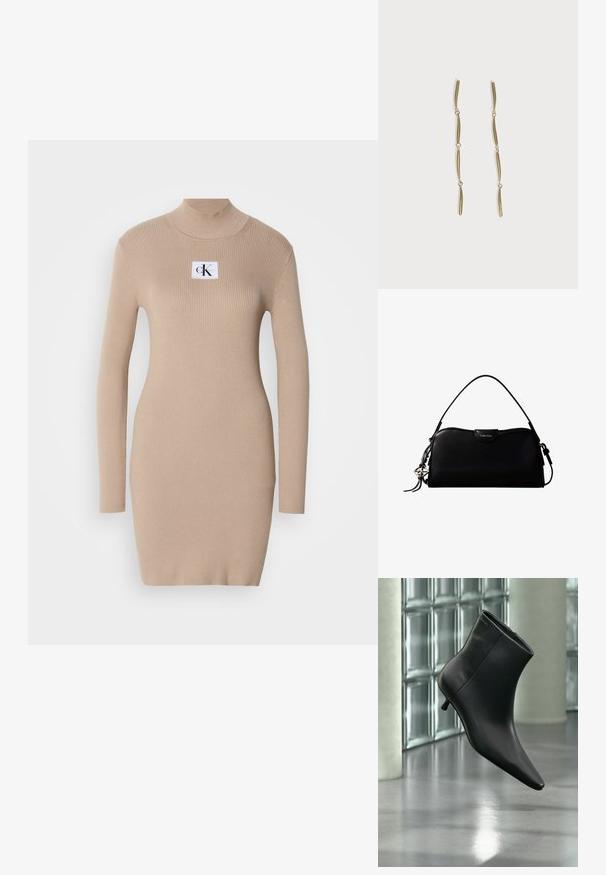 Strikket beige kjole med en høj hals, lange ærmer, ribbet tekstur og et firkantet logo-patch på brystet. Slim fit, knælængde design.; Sort læderankelstøvle med spids tå og lav kitten-hæ, vist vinklet mod en poleret gulv- og glasblokvæg.; Sort rektangulær Calvin Klein håndtaske med enkelt toprem, sølvlogo vedhæng og lille klaplukning foran.; Lange guldøreringe bestående af fire forlængede sammenkædede buede stænger på en hvid baggrund.