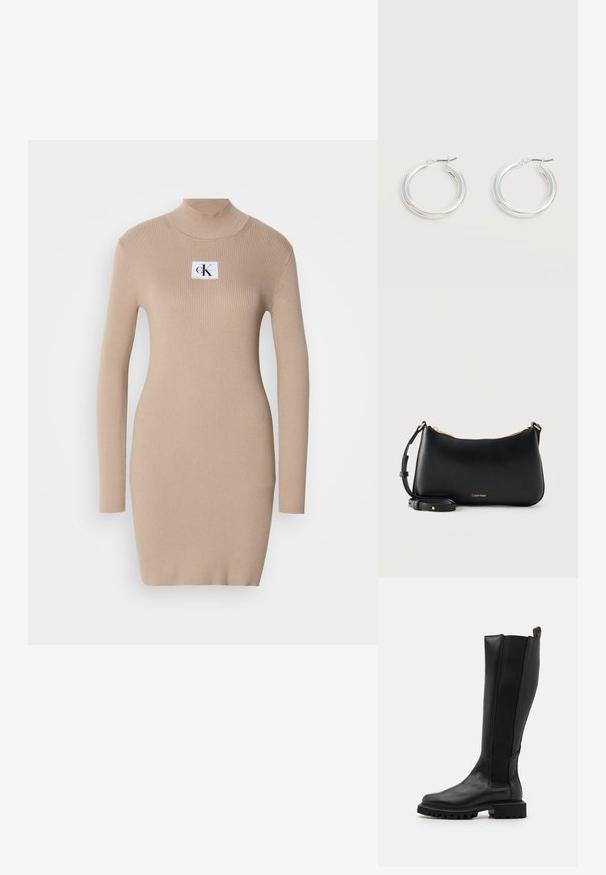 Robe tricotée beige avec un col montant, des manches longues, une texture côtelée et un patch logo carré sur la poitrine. Design ajusté, longueur genoux.; Bottine noire en cuir, hauteur genoux, avec un panneau texturé, bout rond, semelle en caoutchouc épais et une languette à l'arrière pour un enfilage facile.; Sac à bandoulière en cuir noir Calvin Klein avec fermeture éclair dorée et sangle réglable sur fond clair uni.; Paire de boucles d'oreilles créoles moyennes argentées brillantes avec de fines attaches métalliques sur un fond clair et neutre.