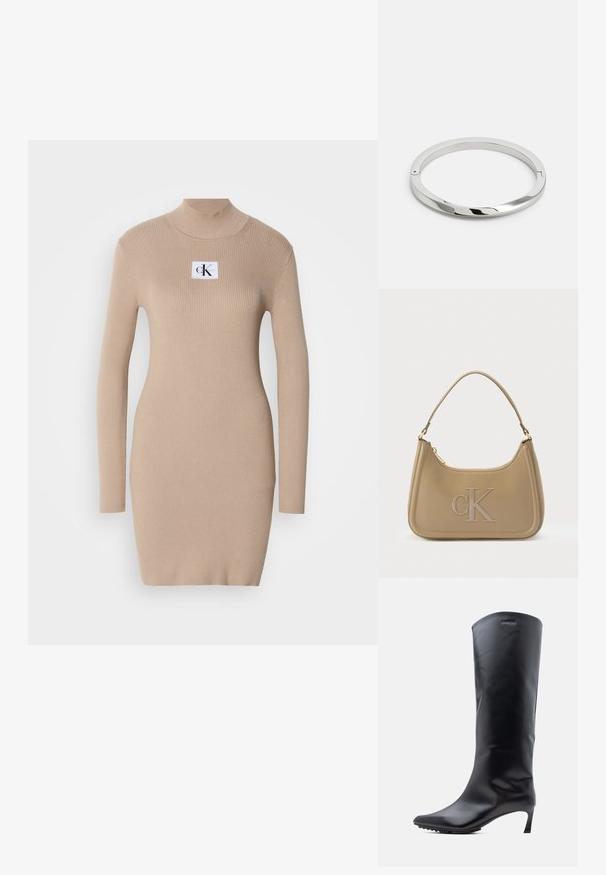 Beez värvi kudum Kleid, millel on vale krae, pikad varrukad, ribakujuline tekstuur ja ruudukujuline logo plekk rinnal. Lihtne istuvus, põlvini ulatuv disain.; Põlveni ulatuv must nahast saabas terava varba ja saleda kõrge kontsaga. Sile tekstuur, minimaalne riistvara ja brändi logo ülemisel osal.; Calvin Kleini käekott taupe värvi nahast, sileda tekstuuriga, kõverate vormidega, reljeefse „CK“ logoga ja ühe õlarihmaga. Ülevalt lukuga.; Hõbedane metallist käevõru, millel on sile, läikiv pind ja lapikud servad. Omab avatud ringikujulist disaini koos peene klambri detailiga.