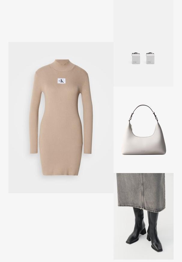 Strikket beige kjole med en høj hals, lange ærmer, ribbet tekstur og et firkantet logo-patch på brystet. Slim fit, knælængde design.; Sorte knæhøje støvler i glat læder med firkantet tå og blokeret hæl. Båret med en grå denimnederdel med flosset kant.; Cremefarvet skuldertaske i læder fra Calvin Klein med buet topkant, sølvfarvet lynlås og mørkebrun justerbar rem.; Sølv firkantede manchettknapper med en poleret overflade, prydet med de indgraverede bogstaver "CK" på den ene side og en afrundet detalje på toppen.