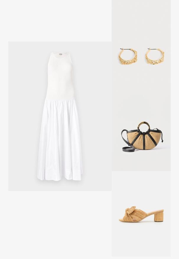 Witte maxi-jurk met een ribbeltop en een vloeiende, geplooide rok. Gemaakt van lichtgewicht stof, heeft het een mouwloos ontwerp en een ronde halslijn.; Beige gevlochten open teen haksandalen met een geknoopte accent op de bovenzijde en een getextureerde blokhak voor stabiliteit.; Gevlochten handtas met zwarte leren rand, een ronde gouden en schildpadkleurige handgreep, en een afneembare zwarte leren schouderriem.; Set gouden creolen met sierlijke bloem- en bladreliëf op een neutrale achtergrond.