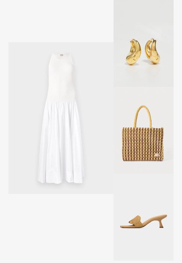 Witte maxi-jurk met een ribbeltop en een vloeiende, geplooide rok. Gemaakt van lichtgewicht stof, heeft het een mouwloos ontwerp en een ronde halslijn.; Beige open-toe mule met een lage kittenhak en een geweven, circulaire decoratieve band over de voorkant.; Geweven tas in bruin en geel, met een rechthoekige vorm, twee handvatten en een textuurafwerking met zichtbare stiksels en een merketiket.; Gouden oorringen met een gladde, gebogen vorm en gepolijste afwerking. Bevat een sluitmechanisme en lichte inkepingen voor detail.
