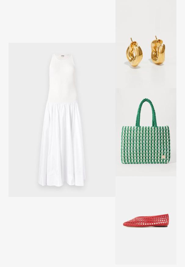 Hvid maxi kjole med en ribbet top og en let, samlet skirt. Fremstillet af letvægtsstof, har den en ærmeløs design og en rund halsudskæring.; Rød vævet flad sko med åbent gitterdesign og solid sål, vist fra siden på en hvid baggrund.; Grøn og hvid vævet tote taske med en struktureret rektangulær form, tekstureret overflade og to robuste håndtag. Har en logotag på siden.; Chunky guld hoop øreringe med et let snoet, rørformet design og postsystem bagpå, på en hvid baggrund.