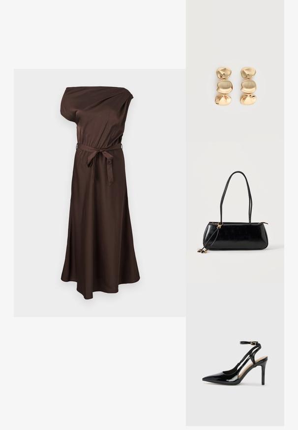 Robe midi en satin marron à une épaule avec ceinture à la taille et légère évasement à l'ourlet.; Escarpin en cuir verni noir à talon haut, avec un bout pointu, une bride réglable à la cheville et des côtés ouverts. Texture lisse.; Sac à main rectangulaire noir avec deux longues bandoulières, détail anneau doré et fermeture éclair sur un fond clair uni.; Boucles d’oreilles pendantes ton or avec trois segments irréguliers, lisses et arrondis empilés verticalement sur un fond clair uni.