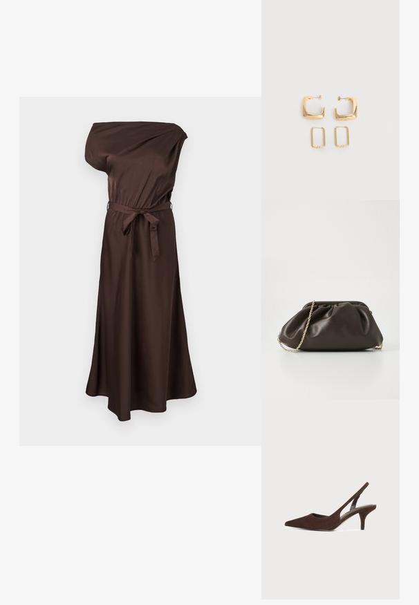 Robe midi en satin marron à une épaule avec ceinture à la taille et légère évasement à l'ourlet.; Escarpin slingback en daim brun foncé avec bout pointu et talon kitten sur un fond clair uni.; Sac à main en cuir marron avec un design froncé, une bandoulière en chaîne dorée et une finition douce et texturée. Sa forme compacte est idéale pour une utilisation en soirée.; Deux paires de Boucles d'oreilles créoles géométriques dorées sur une surface blanche unie, une paire carrée et pleine, une paire rectangulaire et creuse.