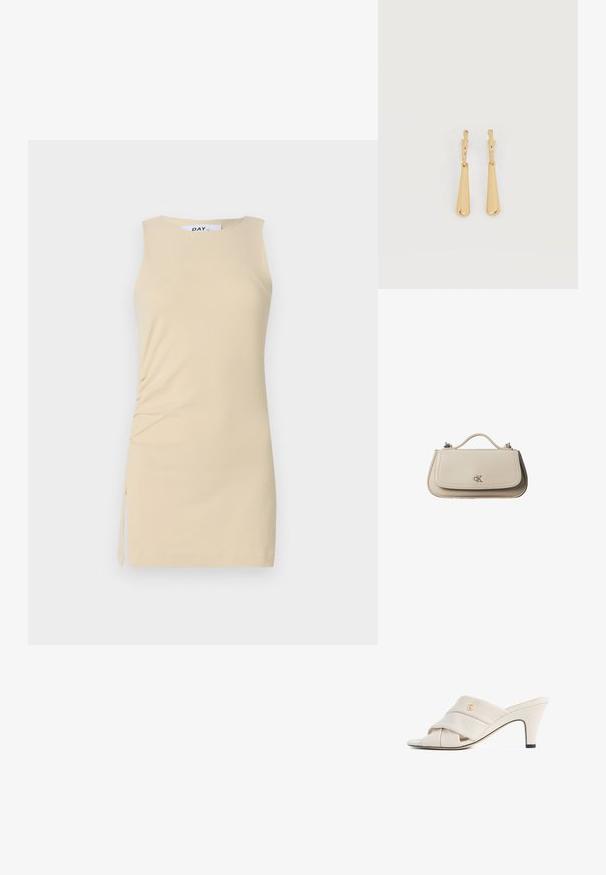 Robe sans manches de couleur crème avec des détails froncés sur le côté et un accent à nouer. Tissu lisse, design ajusté et longueur au-dessus du genou.; Mules à talons hauts beiges avec un design de bride en cuir torsadé, bout ouvert et motif de logo en relief. Le talon présente un détail d'embout noir.; Petit sac à main en cuir beige avec poignée supérieure et logo CK argenté sur le rabat avant, présenté sur fond blanc.; Boucles d'oreilles pendantes en ton or avec des pendentifs lisses en forme de goutte allongée suspendus à de petites attaches en forme d'anneau sur un fond blanc.
