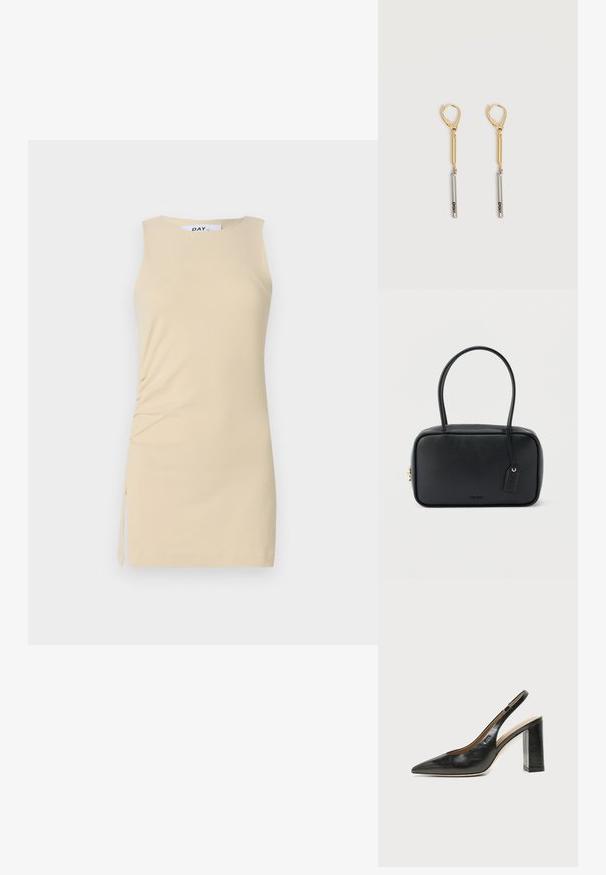 Robe sans manches de couleur crème avec des détails froncés sur le côté et un accent à nouer. Tissu lisse, design ajusté et longueur au-dessus du genou.; Chaussure slingback en cuir noir à bout pointu avec un talon bloc haut et une doublure intérieure beige sur un fond clair uni.; Sac à main rectangulaire noir avec doubles poignées arrondies, fermeture éclair dorée et logo "HUGO" embossé sur le devant avec une étiquette en cuir attachée.; Boucles d'oreilles pendantes en or et argent avec fermoirs à levier, présentant une barre en or reliée à une barre en argent gravée "DKNY" sur un fond blanc.