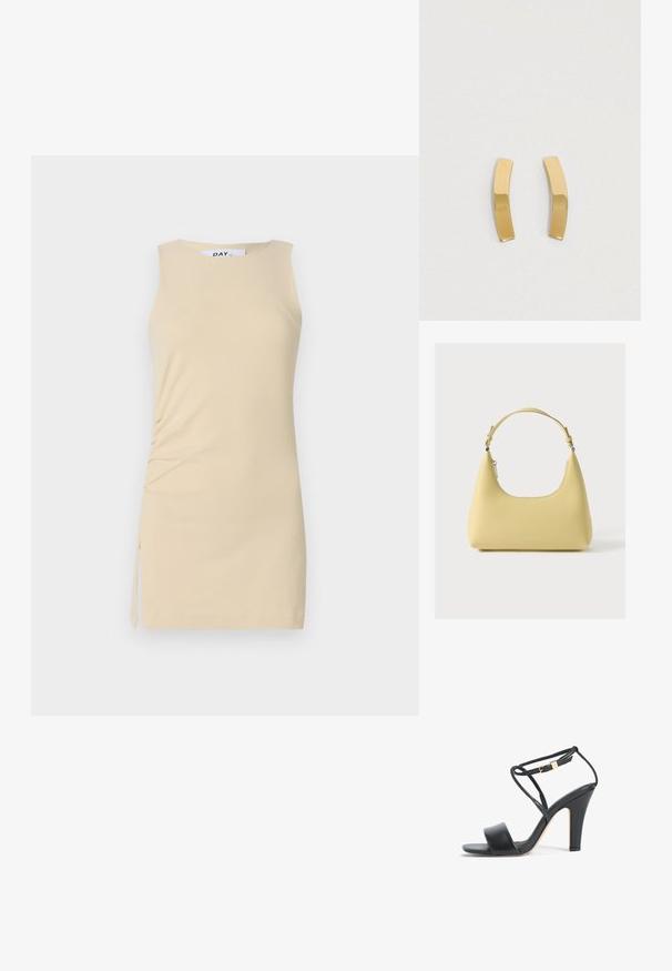 Robe sans manches de couleur crème avec des détails froncés sur le côté et un accent à nouer. Tissu lisse, design ajusté et longueur au-dessus du genou.; Sandale noire à talons hauts avec fine bride à la cheville, boucle dorée, bout ouvert et talon bloc, vue de profil sur fond blanc.; Sac à main en cuir jaune avec une silhouette incurvée, une bandoulière courte réglable et un compartiment zippé. Présente un logo subtil à l'avant.; Boucles d'oreilles en métal doré avec un design cintré et allongé. La surface est lisse et polie, arborant un style minimaliste.