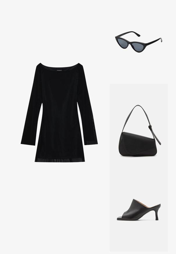 Zwart lang mouwjurk met een off-shoulder halslijn, soepele textuur en een vloeiende silhouet. Heeft doorzichtige details aan de zoom.; Selected ASHLEY - Muiltjes met hak - black; Zwarte cat-eye zonnebril met donkergrijze lenzen, slank plastic frame, puntige hoeken en rechte pootjes. Geen zichtbare hardware of accenten.; Zwart leren handtas met een driehoekige vorm, schuine klep en een ronde handgreep. Heeft een gladde textuur en minimalistische ontwerpelementen.