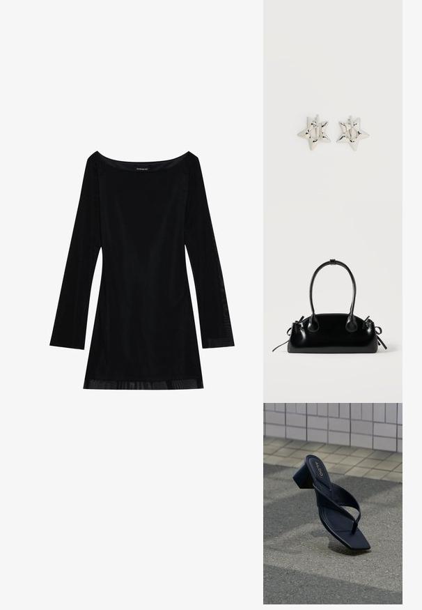 Zwart lang mouwjurk met een off-shoulder halslijn, soepele textuur en een vloeiende silhouet. Heeft doorzichtige details aan de zoom.; Zwarte sandaal met hak, voorzien van een vierkante neus en brede bandjes, weergegeven tegen een betegelde muur en een gestructureerde vloeroppervlakte.; Kleine zwarte glanzende handtas met twee lange hengsels en zijkant trekkoord details op een effen lichte achtergrond.; Zilverkleurige stervormige oorringen met een gladde, gepolijste afwerking op een effen witte achtergrond.