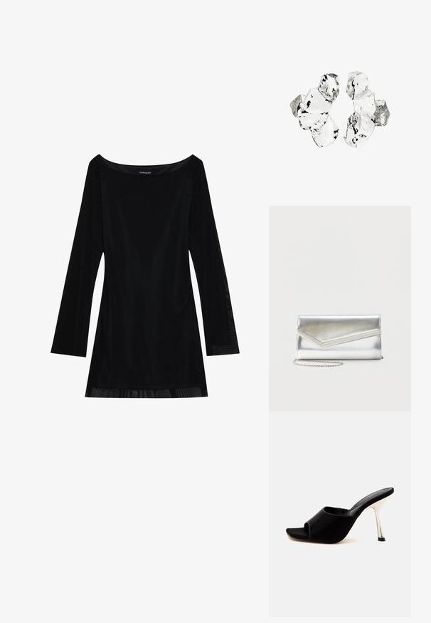 Schwarzes langärmliges Kleid mit schulterfreiem Dekolleté, glatter Textur und fließender Silhouette. Verfügt über transparente Details am Saum.; Schwarzer Mule mit offenem Zehenbereich, glänzendem silbernem Stiletto-Absatz und tiefem Ausschnitt auf weißem Hintergrund.; Glänzende silberne Clutch mit Umschlagklappe und dekorativem Besatz, kleiner silberner Kettenriemen, auf einfachem hellem Hintergrund.; Cluster von sechs unregelmäßig geformten, transluzenten und reflektierenden glasähnlichen Stücken, angeordnet auf weißem Hintergrund.