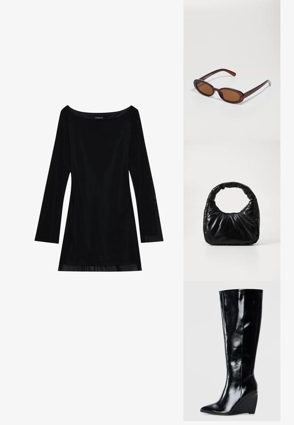 Zwart lang mouwjurk met een off-shoulder halslijn, soepele textuur en een vloeiende silhouet. Heeft doorzichtige details aan de zoom.; Zwarte leren wedge laarzen tot de knie met een spitse neus en een gladde afwerking, voorzien van een slank en gestroomlijnd ontwerp.; Ronde, bruin getinte zonnebril met een glanzend bordeauxrood frame. Slanke pootjes met subtiele merkdetails. Vlakke lensontwerp.; Zwarte gevoerde handtas met een ronde handgreep, met een gladde, glanzende oppervlakte en een zachte, gewatteerde textuur. Geen zichtbare metalen onderdelen of accenten.