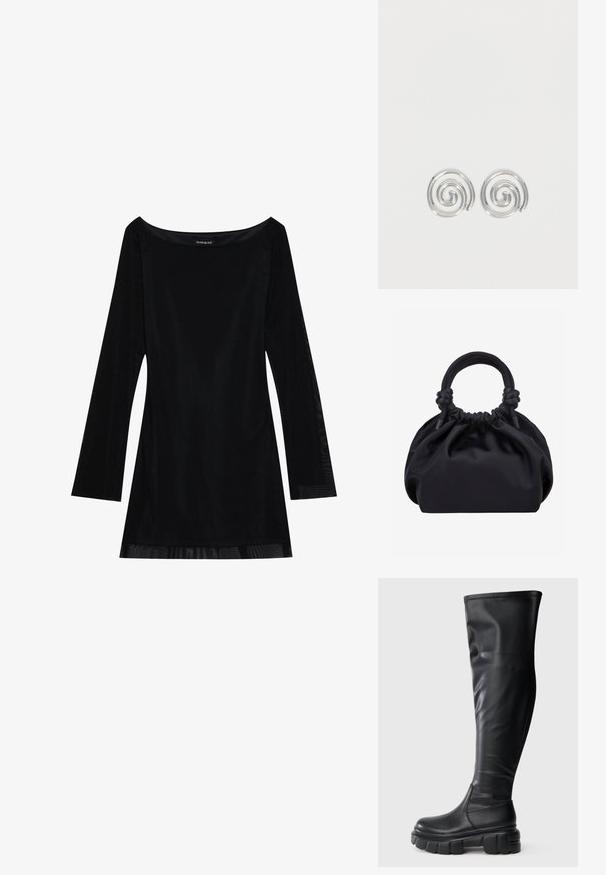 Sort langærmet kjole med off-shoulder halsudskæring, glat tekstur og en svævende silhuet. Har gennemsigtige detaljer ved kanten.; Sorte knæhøje støvler lavet af glat kunstlæder. Tykkes, klumpede gummisål med rund tå og med et design, der gør det let at tage dem på.; Sort blød stofhåndtaske med samlet top og cirkulære polstrede håndtag bundet med knuder på hver side.; Par sølvspiral øreringe med glat, afrundet design på en ensartet hvid baggrund.