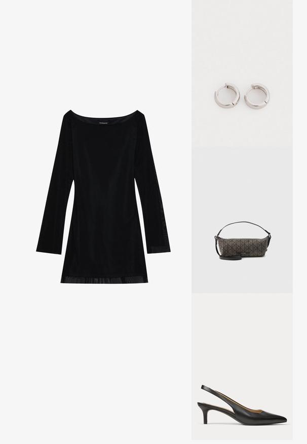 Schwarzes langärmliges Kleid mit schulterfreiem Dekolleté, glatter Textur und fließender Silhouette. Verfügt über transparente Details am Saum.; Schwarzer Leder-Slingback-Schuh mit spitzer Zehenpartie, niedrigem Kittenabsatz und dünnem Riemen um die Ferse.; Rechteckige braune Calvin Klein Handtasche mit schwarzem diagonalem Kreis-Muster, schwarzem verstellbarem Schultergurt und Reißverschluss oben.; Silberfarbene Metall-Hoop-Ohrringe mit runder Form und polierter Oberfläche. Jedes Ohrstecker hat einen klappbaren Verschluss für sicheren Tragekomfort.