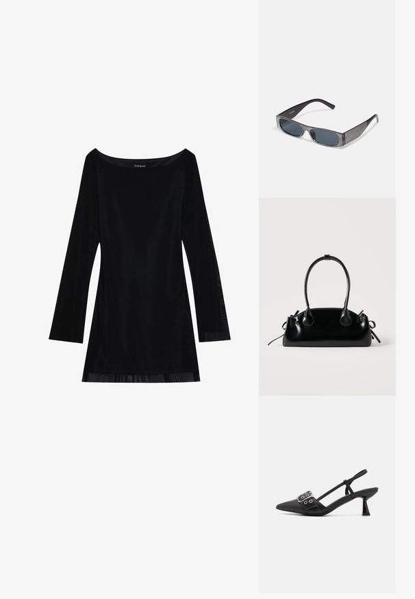 Sort langærmet kjole med off-shoulder halsudskæring, glat tekstur og en svævende silhuet. Har gennemsigtige detaljer ved kanten.; Simmi London DALA - Pumps - black; Sorte solbriller med grå linser, der har et gittermønster af små metalliske rhinsten langs stellet. Glat overflade, kantede design.; Lille sort blank håndtaske med to lange håndtag og snøre-detaljer i siden på en ensfarvet lys baggrund.