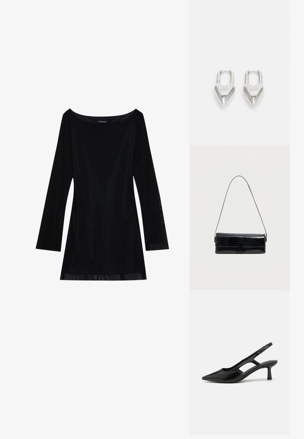Schwarzes langärmliges Kleid mit schulterfreiem Dekolleté, glatter Textur und fließender Silhouette. Verfügt über transparente Details am Saum.; Schwarze Slingback-Absätze mit spitzer Zehenpartie, aus glänzendem Material gefertigt, mit ausgeschnittenen Akzenten und einem moderaten Absatz für Unterstützung.; Schwarze Schultertasche aus Kunstleder mit Kroko-Prägung, rechteckige Form, glänzende Textur, mit dünnem verstellbarem Riemen und einer vorderen Klappe als Verschluss.; Silberne herzförmige Vorhängeschlösser mit eingravierten "JA"- und "NEIN"-Texten, polierte Oberfläche, symmetrisches Design und einem robusten Metallverschluss.