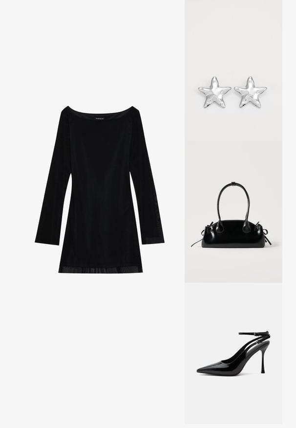 Zwart lang mouwjurk met een off-shoulder halslijn, soepele textuur en een vloeiende silhouet. Heeft doorzichtige details aan de zoom.; Zwarte lakleren pumps met hoge hak, spits toelopende neus en dubbele enkelbandjes met zilveren gespen.; Kleine zwarte glanzende handtas met twee lange hengsels en zijkant trekkoord details op een effen lichte achtergrond.; Zilveren stervormige oorbellen met een gepolijste, glanzende afwerking. Elke oorbel heeft vijf punten en subtiele textuurdetails op het oppervlak.