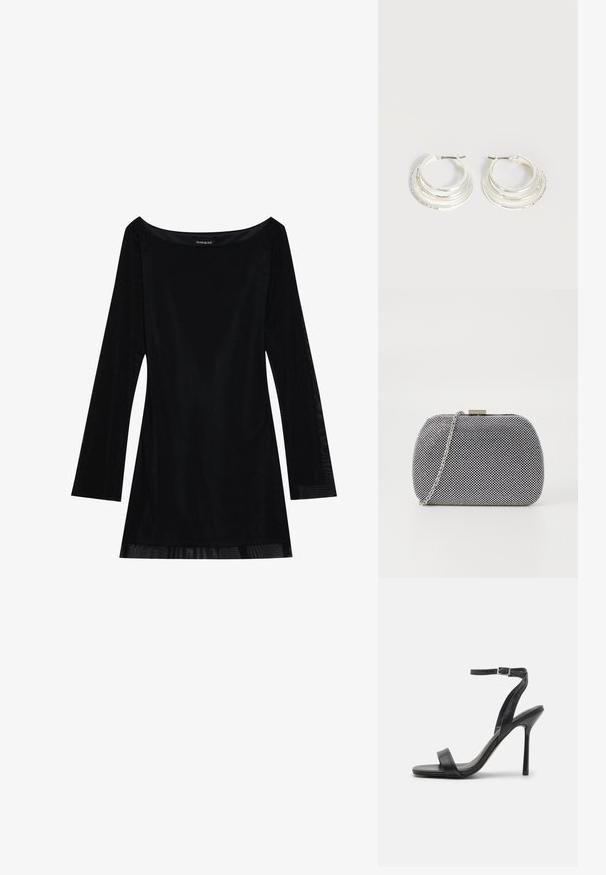 Zwart lang mouwjurk met een off-shoulder halslijn, soepele textuur en een vloeiende silhouet. Heeft doorzichtige details aan de zoom.; Zwarte hoge hakken sandaal met een slanke enkelband en twee voorste banden. Gemaakt van soepel leer met een slanke puntneus en een stiletteloze hak.; Zwart-witte textuur clutch tas met een ronde vorm, zilveren kettingband en een metalen sluiting aan de bovenkant.; Zilveren oorringen met drie gelaagde halve cirkelvormige banden, waarvan één versierd met kleine heldere kristallen op een lichte achtergrond.
