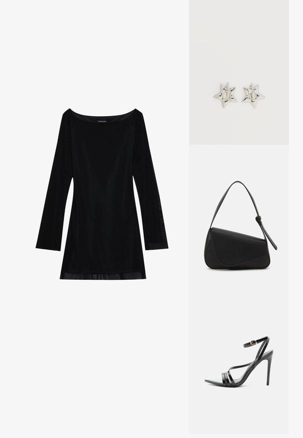 Sort langærmet kjole med off-shoulder halsudskæring, glat tekstur og en svævende silhuet. Har gennemsigtige detaljer ved kanten.; Sort højhælet sandal med tynde remme over tæerne og anklen, med en gylden spænde på en slank stilet-hæl.; Sort læderhåndtaske med en triangular form, skrå klap og et rundt håndtag. Har en glat overflade og minimalistiske design detaljer.; Sølv stjerneformede øreringe med en glat, poleret finish på en ensfarvet hvid baggrund.