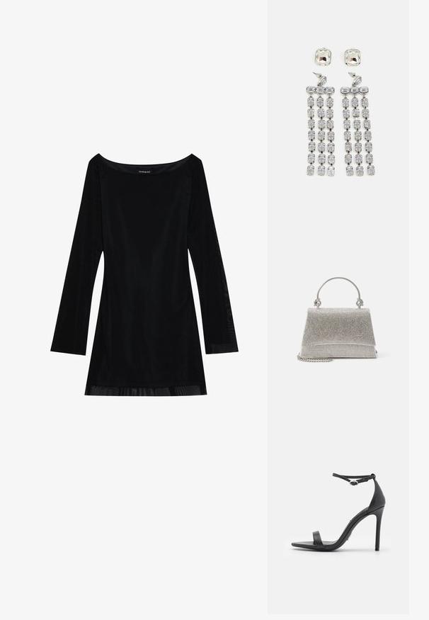 Zwart lang mouwjurk met een off-shoulder halslijn, soepele textuur en een vloeiende silhouet. Heeft doorzichtige details aan de zoom.; Zwarte hoge hakken sandalen met een open teen, dunne banden en een enkelsluiting. Gladde leren textuur met een puntige neus.; ALDO FELISIA - Handtas - silver-coloured; Kruisdruppel oorbellen met hardware in zilvertint, gekenmerkt door een vierkante stud en watervallen van rechthoekige en octagonale kristallen.