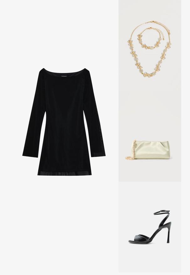 Robe noire à manches longues avec un décolleté dégagé, texture lisse et silhouette fluide. Présente des détails transparents à l'ourlet.; Sandale noire à talon haut avec bout ouvert, talon stiletto fin et bride de cheville avec boucle sur fond blanc.; Pochette en satin vert clair avec une bandoulière chaîne en or et cristaux, forme rectangulaire avec des plis doux sur un fond uni.; Ensemble collier et bracelet ton or avec motifs floraux et feuilles en cristal clair, tous deux avec fermoirs chaîne réglables sur fond blanc.