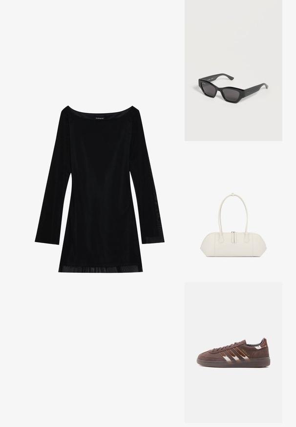 Schwarzes langärmliges Kleid mit schulterfreiem Dekolleté, glatter Textur und fließender Silhouette. Verfügt über transparente Details am Saum.; Brauner Wildleder-Adidas-Sneaker mit weißen und dunkelbraunen Streifen, flacher Sohle und goldfarbenem "Spezial"-Schriftzug an der Seite.; Schwarze, eckige Sonnenbrille mit dunklen Gläsern und kleinem silbernem Krokodil-Logo am Bügel, auf einer weißen Oberfläche liegend.; Weiße Lederhandtasche mit doppelten Griffen und einem Reißverschluss oben, die eine schlanke, längliche rechteckige Form aufweist.