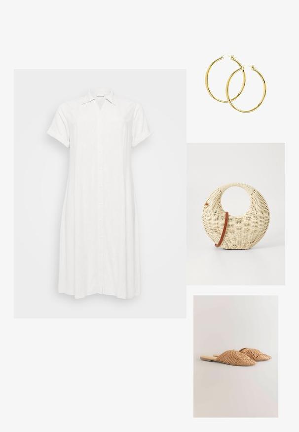 Vestido de camisa de lino blanco con cuello, mangas cortas dobladas y cierre frontal de botones. Presenta un corte relajado y un dobladillo a la altura de la rodilla.; Sandalias deslizantes de cuero trenzado en color marrón claro, con un diseño de parte superior trenzada de gran tamaño y una suela plana. La punta afilada aporta un aspecto elegante.; Bolso redondo trenzado en paja natural con un acabado texturizado. Presenta una correa de cuero marrón suave y un asa circular.; Pendientes de aro de oro con un acabado liso y brillante y cierre seguro de pestillo. Diseño circular sin adornos ni patrones adicionales.