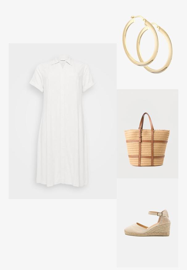 Vestido de camisa de lino blanco con cuello, mangas cortas dobladas y cierre frontal de botones. Presenta un corte relajado y un dobladillo a la altura de la rodilla.; Espadrilles de cuña de lona beige con un panel trasero texturizado, correa en el tobillo y suela de yute trenzado. Punta redondeada y tacón plano.; Bolso tote grande tejido color beige con dos correas de cuero marrón y bandas horizontales de cuero marrón sobre un fondo liso.; DIAMANT L'ÉTERNEL Pendientes - gold coloured