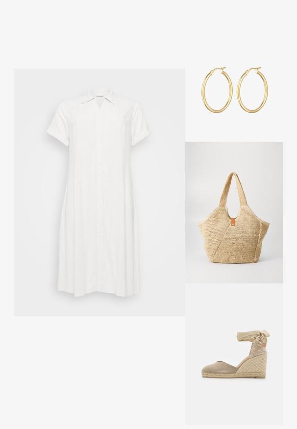 Hvid linned skjortekjole med krave, korte opsmøgede ærmer og frontknaplukning. Har en afslappet pasform og knælang søm.; Beige espadrille kile med en tekstureret stofoverdel, vævet jutehæl og et bånd, der ties om anklen for en sikker pasform.; Stor stråtask med en tekstureret, beige yderside og to brede håndtag. Har et læderbånd som lukning.; Guldøreringe med en poleret finish, featuring en glat overflade og et sikkert låsemekanisme. Rund form, mellemstørrelse.