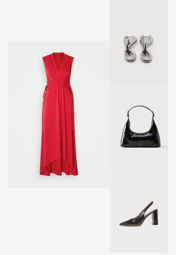 Rød ærmeløs kjole med dyb V-udskæring, en indviklet design og en asymmetrisk kant. Fremstillet af letvægtsstof med en glat tekstur.; Sort læder peep-toe slingback sko med høj blokhæl og beige indvendig foring mod en ensfarvet lys baggrund.; Sort blank Calvin Klein håndtaske med gyldent lynlås og kort rem mod en ensfarvet hvid baggrund.; Par af sølvtonede metale øreringe med abstrakt sammenflettet løbedesign på hvid baggrund.