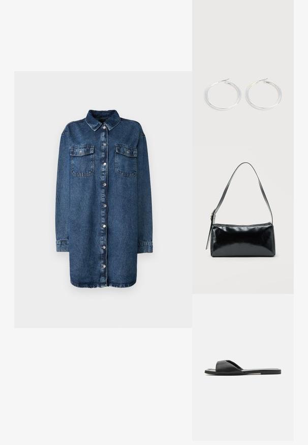 Donkerblauwe denim shirt met een kraag, sluiting met knopen aan de voorkant, twee borstzakken en lange mouwen met knoopmanchetten.; Zwarte slidesandalen hebben een soepele synthetisch materiaal, open teen ontwerp en een platte zool met een minimale accentstreep aan de zijkant.; Zwarte rechthoekige schoudertas met een enkele verstelbare band en een bovenste ritssluiting op een effen achtergrond.; Een paar glanzende zilveren oorringen met dunne draadafsluitingen, getoond op een lichtgrijze achtergrond.
