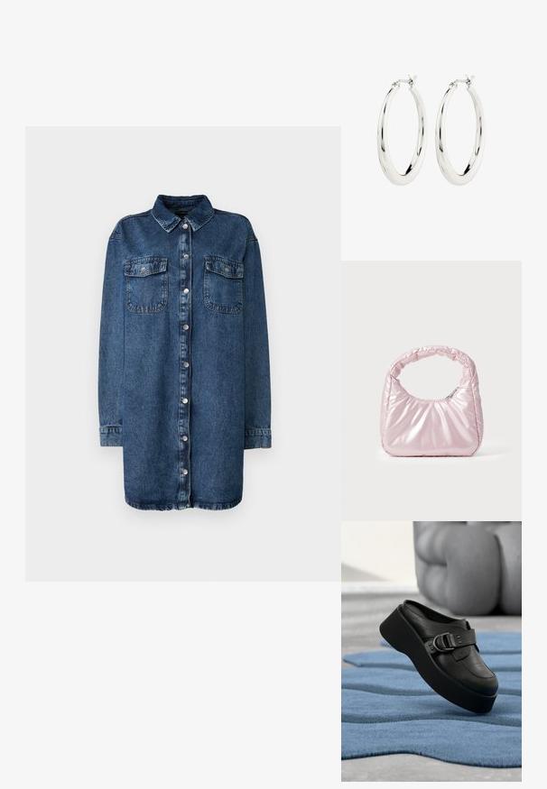 Donkerblauwe denim shirt met een kraag, sluiting met knopen aan de voorkant, twee borstzakken en lange mouwen met knoopmanchetten.; Zwarte leren plateau mule met een grote gesp, rustend op een gestructureerd, golvend blauw kleed en een wazige grijze achtergrond.; Roze, gevoerde handtas met een afgeronde vorm, gemaakt van glanzend materiaal. Beschikt over een geplooide handgreep en een ritssluiting voor veilige toegang.; Zilveren oorbellen in de vorm van een gladde, glanzende ring. Circulaire vorm, voorzien van een veilige sluiting. Eenvoudig en elegant ontwerp.