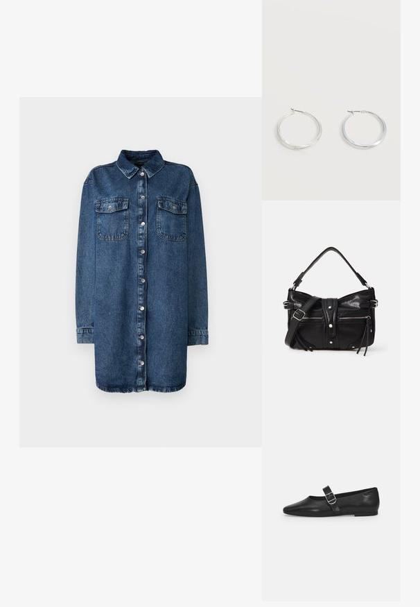 Donkerblauwe denim shirt met een kraag, sluiting met knopen aan de voorkant, twee borstzakken en lange mouwen met knoopmanchetten.; Zwarte leren platte schoen met een ronde neus, een enkele verstelbare gespsluiting en een gladde, glanzende textuur. Minimalistisch ontwerp met een lage hak.; Even&Odd by Zalando H24462 - Handtas - black; Zilverkleurige metalen creolen oorbellen met een glad, licht gebogen oppervlak en sluitingen met haaksluiting op een effen witte achtergrond.