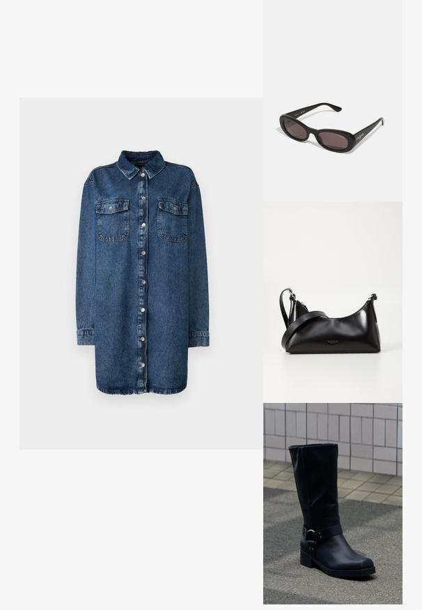 Denimskjorte i mørkeblå, med krave, frontknaplukning, to brystlommer og lange ærmer med knapmanchetter.; Sort læderstøvle midt på læggen med lav blokhæle og en dekorativ rem med metal spænde rundt om anklen, på en flisebelagt fortov.; Sorte solbriller med ovale rammer, mørkt tonede linser og "vogue" trykt i hvidt på de ydre arme. Glat plastmateriale.; Sort læderhåndtaske med en glat tekstur. Har en justerbar stropp og et enkelt, minimalistisk design med lynlås.