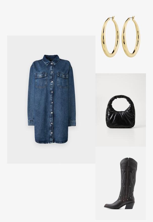Camisa de denim en azul oscuro, con cuello, cierre frontal de botones, dos bolsillos en el pecho y mangas largas con puños abotonados.; Botas de cowboy de cuero marrón con costuras en forma de llama, cremallera lateral, tachuelas plateadas, punta puntiaguda y tacón apilado.; Bolso negro acolchado con un asa redondeada, que presenta una superficie lisa y brillante y una textura suave y acolchada. Sin herrajes ni acentos visibles.; Pendientes de aro de oro con un acabado suave y pulido. Forma circular, con un cierre seguro en la parte superior. La superficie refleja la luz.